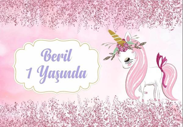 Pembe Unicorn Temalı Doğum Günü Afişi 70X100 cm - Image 1