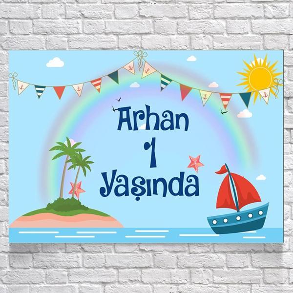 Gemi Deniz ve Gökkuşağı Temalı Doğum Günü Afişi 100X150 cm - Image 1