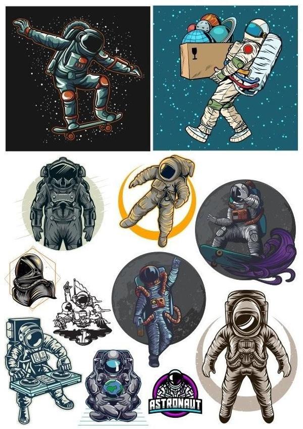 Astronot Stikcer Set-2 12 Parça Telefon, Tablet, Defter, Laptop Sticker - Image 1