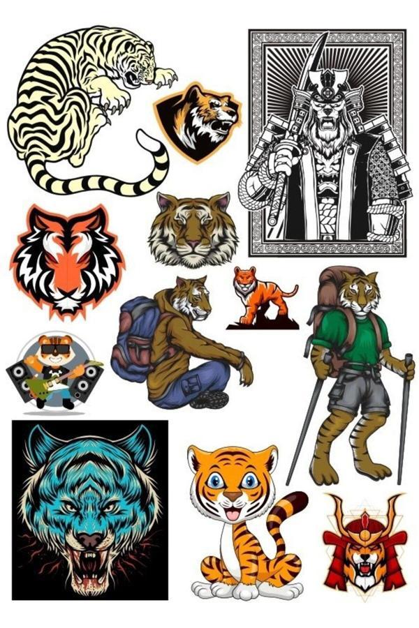 Kaplan Tiger Sticker Set-2 12 Parça Telefon, Tablet, Defter, Laptop Sticker - Image 1
