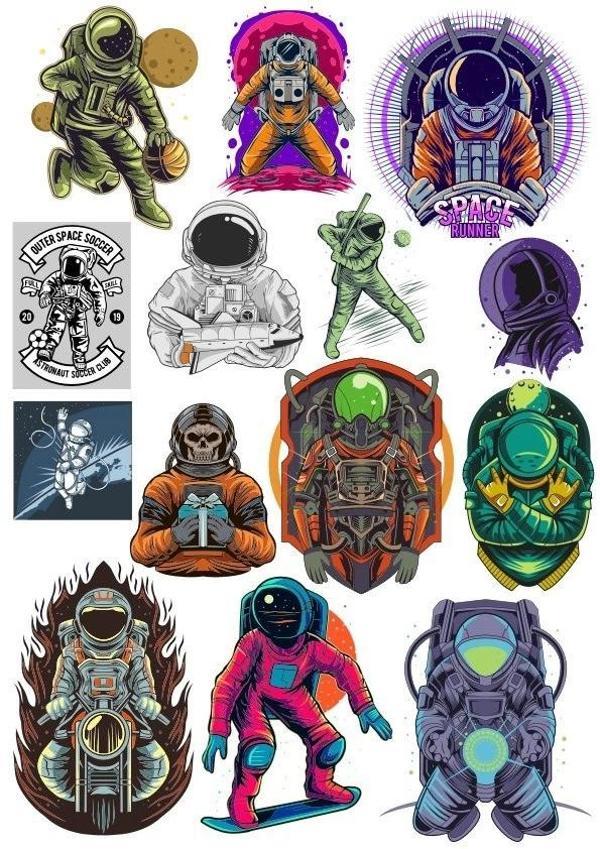 Astronot Stikcer Set-4 12 Parça Telefon, Tablet, Defter, Laptop Sticker - Image 1