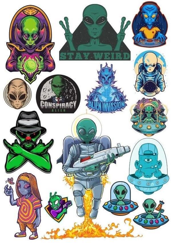 Uzaylı Alien Sticker Set-1 17 Parça Telefon, Tablet, Defter, Laptop Sticker - Image 1