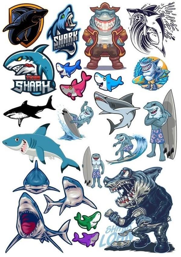 Köpek Balığı Sticker Set 2 16 Parça Telefon, Tablet, Defter, Laptop Sticker - Image 1