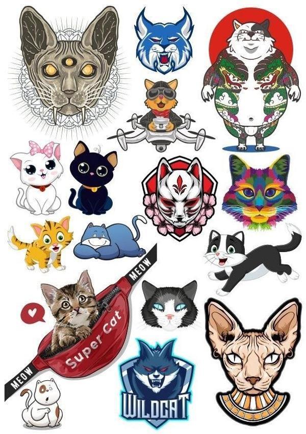 Kediler Sticker Set-6 13 Parça Telefon, Tablet, Defter, Laptop Sticker - Image 1