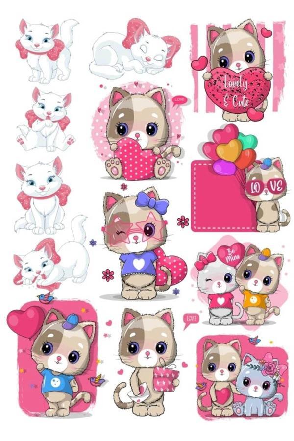 Sevimli Kedicik Sticker Set 2 12 Parça Telefon, Tablet, Defter, Laptop Sticker - Image 1