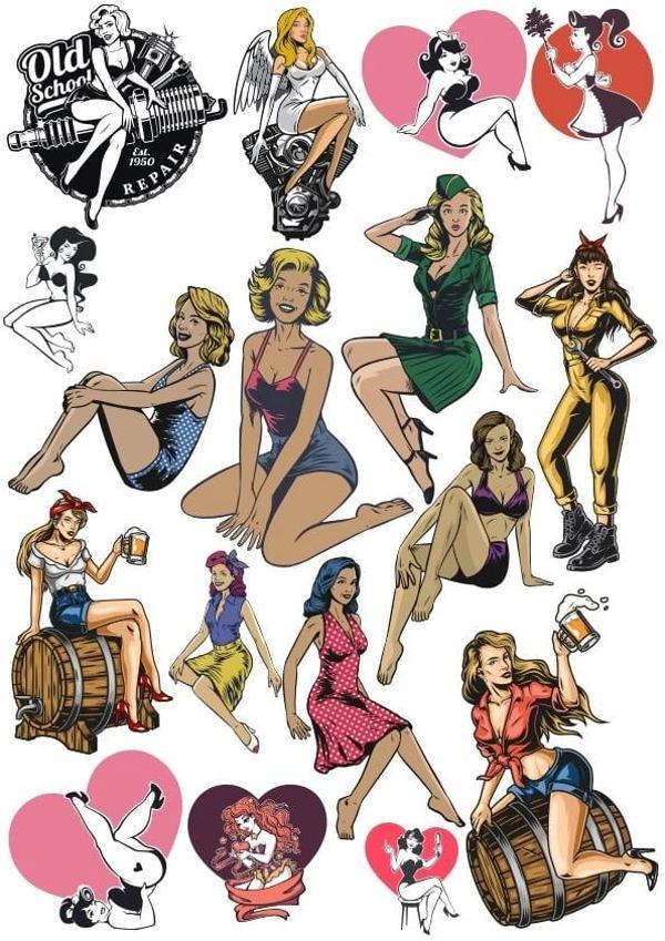 Retro Kadın Sticker Set 16 Parça Telefon, Tablet, Defter, Laptop Sticker - Image 1