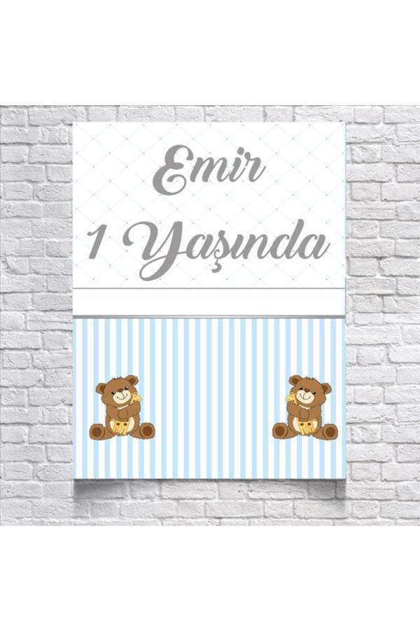 Mavi Çizgili Sevimli Ayıcıklı Doğum Günü Afişi 50X70 cm - Image 1