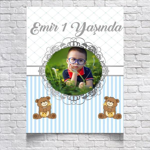 Mavi Çizgili Sevimli Ayıcıklı Doğum Günü Afişi 50X70 cm - Image 1