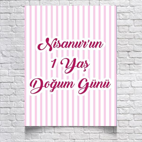 Pembe Çizgili Doğum Günü Afişi 35X50 cm - Image 1