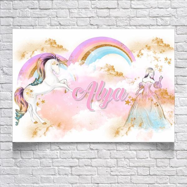 Prenses ve Unicorn Temalı Doğum Günü Afişi 50X70 cm - Image 1