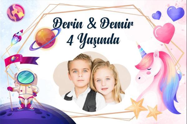 Uzay ve Unicorn Temalı Doğum Günü Afişi 100X150 cm - Image 1