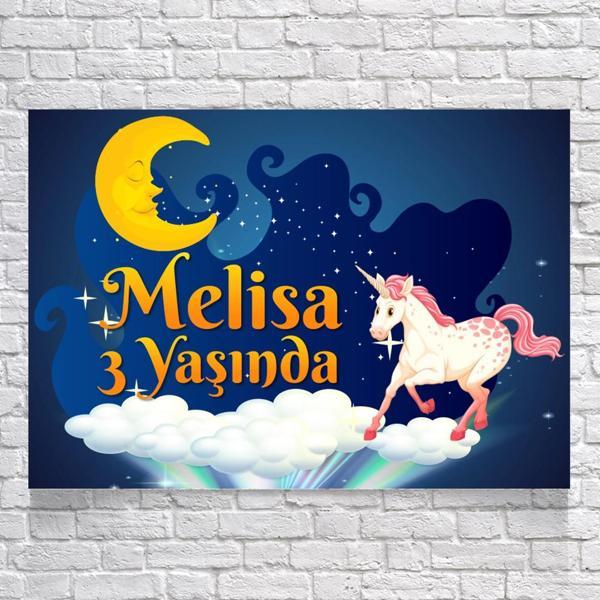 Unicorn ve Ay Temalı Doğum Günü Afişi 100X150 cm - Image 1