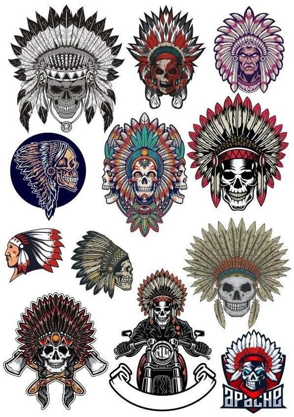 Kızılderili Kuru Kafa Sticker Set 12 Parça Telefon, Tablet, Defter, Laptop Sticker - Image 1