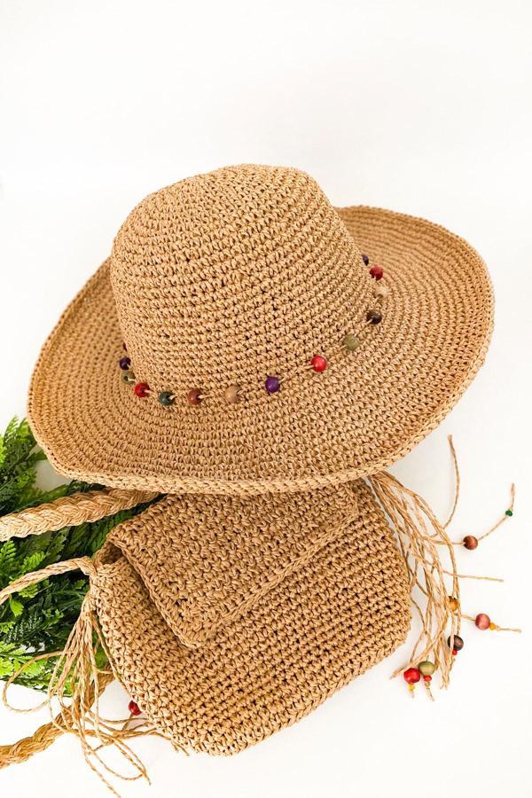 Gia Design Kağıt Ip El Örgüsü Hasır Camel Rengi Şapka Ve Çanta Seti - Image 1