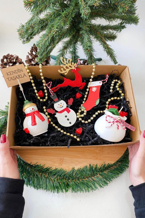 Gia Design Kendin Tasarla Yılbaşı Dekoratif Kardan Adam Notluk-Hediye Sepet Kokulu Mum-Ahşap Ağaç Süsü Seti - Image 1