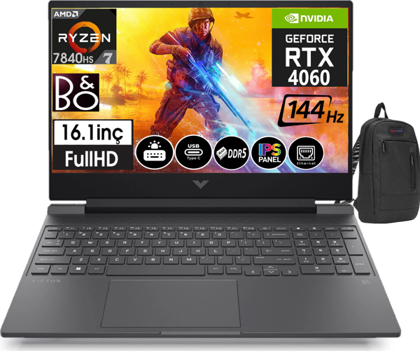 Hp Victus S0014NT Ryzen 7 7840HS 16GB Ddr5 Ram 512GB SSD 8gb RX4060 16,1 Inç 144Hz IPS Fhd WINDOWS11HOME Taşınabilir Bilgisayar 77Z4M5EAW10 + Zetta Çanta - Image 1