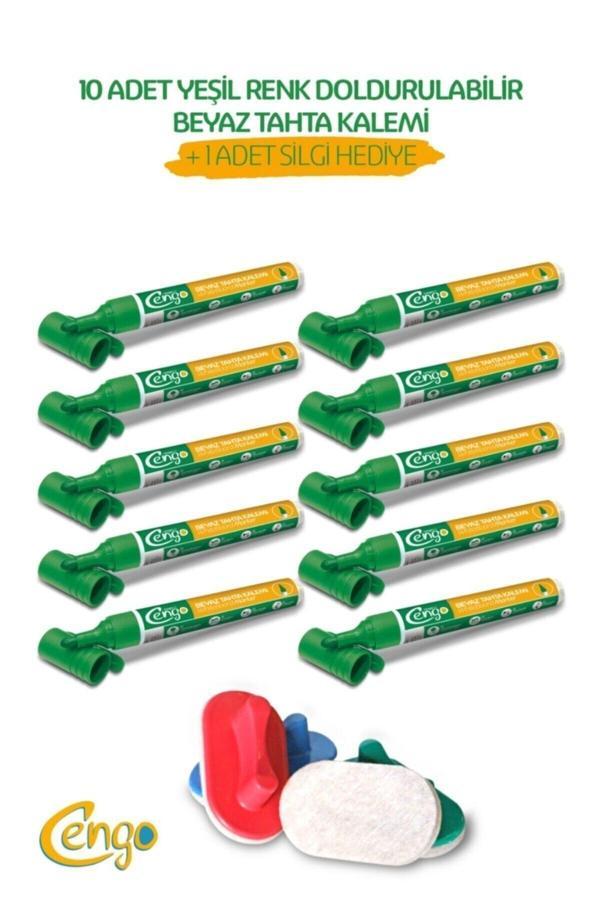 Cengo Yeşil Renk Doldurulabilir Beyaz Tahta Kalemi 10 Adet + 1 Adet Beyaz Tahta Silgisi - Image 1