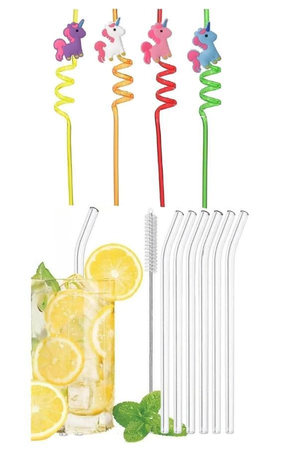 Online Kapında 6 Adet Sevimli Emojili Kokteyl Plastik Pipet Ve 6 Adet Cam Pipet +1 Temizleme Fırçası - Image 1