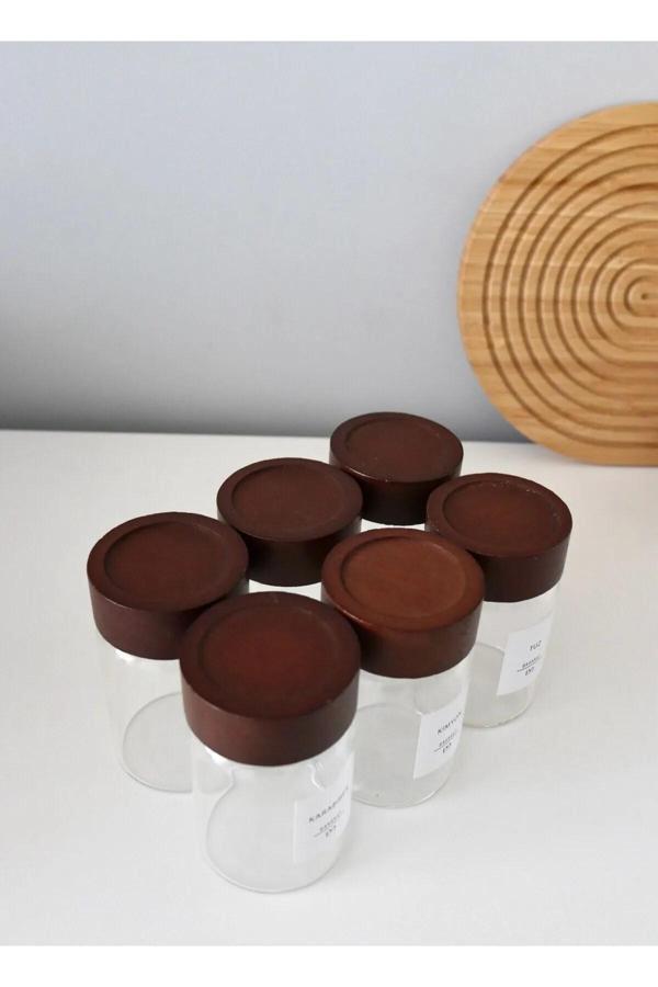 Online Kapında Lüks 6'Lı Akasya Baharat Kavanozu Akasya Kapaklı Kavanoz Serpme Başlıklı Baharatlık - Image 1