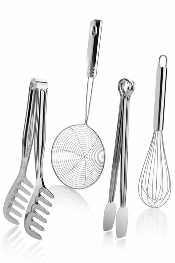 Kitchen Life Paslanmaz Çelik 4'Lü Mutfak Seti / 4'Lü Maşa Çırpıcı Kevgir Seti - Image 1
