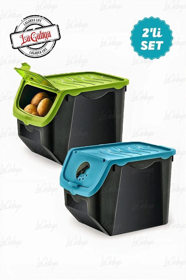 Online Kapında 2'Li Büyük Boy Coral Plastik Patates Soğan Kovası Sepeti-Saklama Kabı 12Lt-Sebzelik Mavi-Yeşil - Image 1