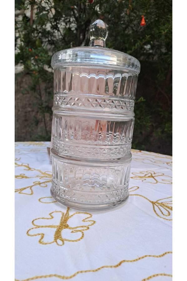 Online Kapında Lüks Cam Pupa Kapaklı 3 Lü Şekerlik Kurabiyelik 12*12*6 Cm - Image 1