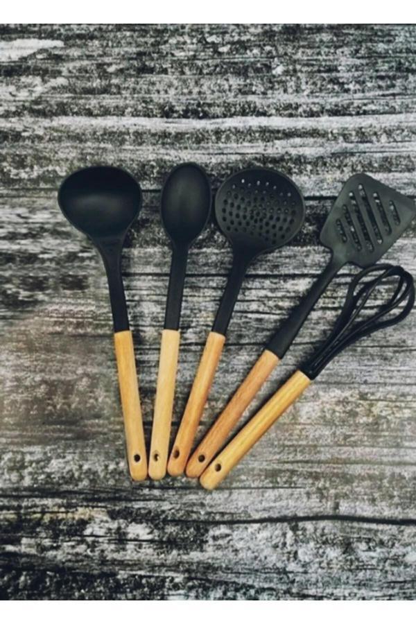 Online Kapında Çizmez Ahşap Saplı Set Kaşık,Kepçe,Spatula,Çırpıcı,Kevgir,Çizmez Isıya Dayanıklı - Image 1