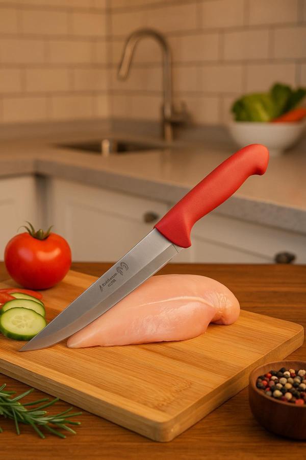 Paslanmaz Çelik Kasap Bıçağı Kırmızı Saplı Et ve Mutfak Bıçağı 27 cm - Image 1