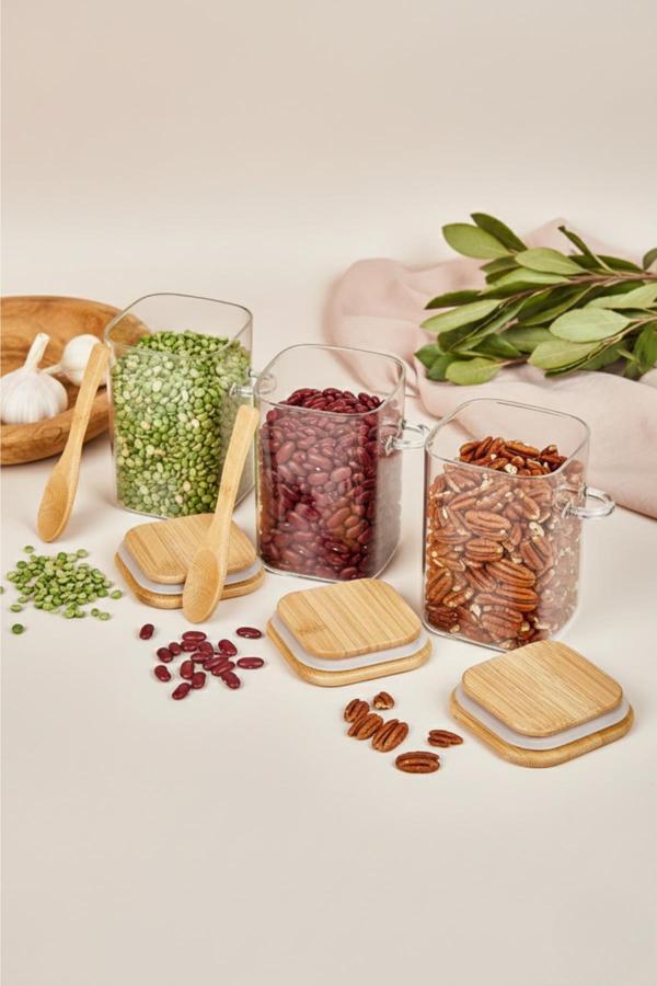 3’lü Kaşıklı Cam Kavanoz Seti Baharatlık Saklama Kavanozu 550 ml - Image 1