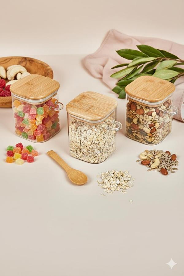 3’lü Kaşıklı Cam Kavanoz Seti Baharatlık Saklama Kavanozu 450 ml - Image 1