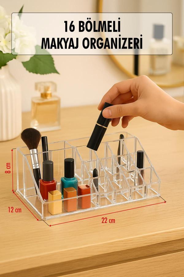 Şeffaf 16 Bölmeli Makyaj Organizeri Düzenleyici 12×22×8 cm - Image 1