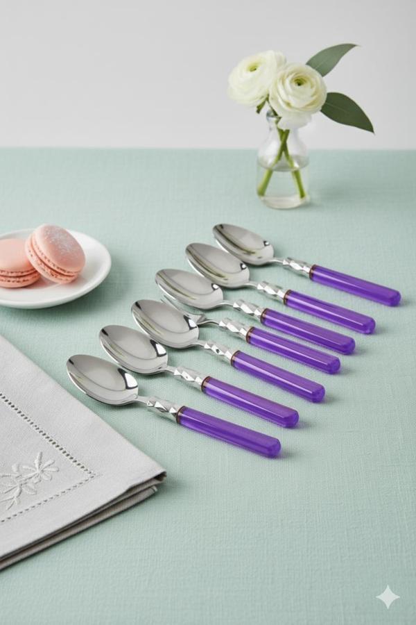 6’lı Paslanmaz Çelik Mor Tatlı Kaşığı Seti - Image 1