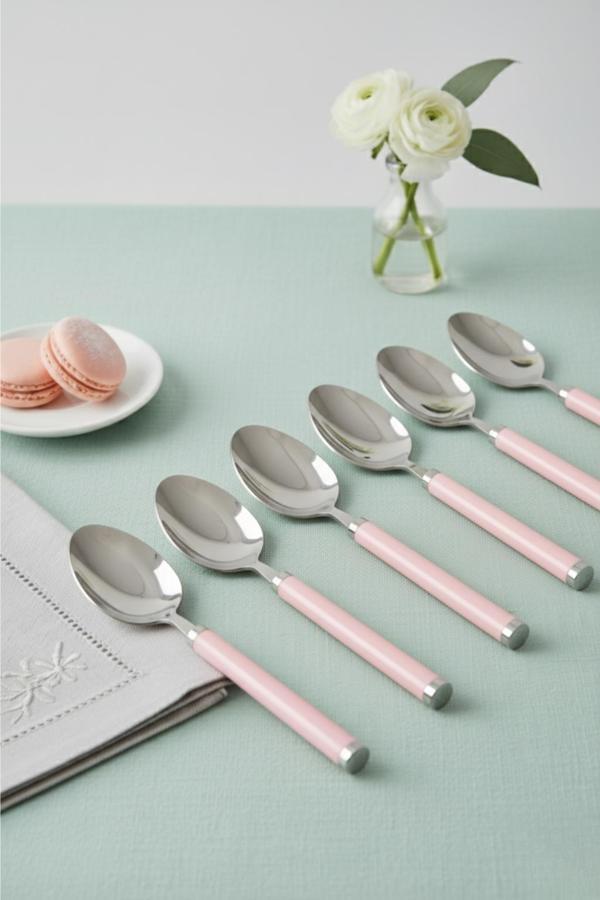 6’lı Paslanmaz Çelik Tatlı Kaşığı Seti Somon Pembe Saplı 15 cm - Image 1