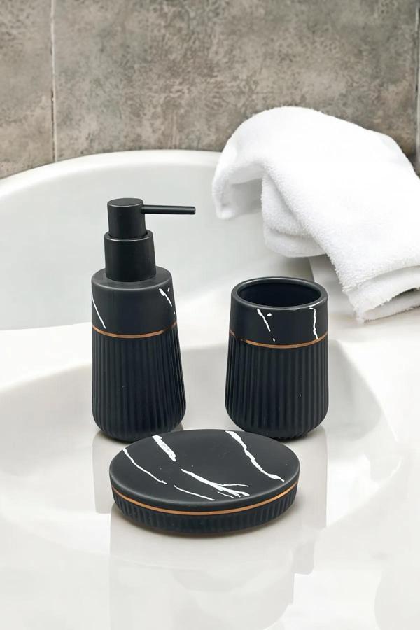 Siyah Mermer Desenli Seramik Banyo Seti 3 Parça - Image 1