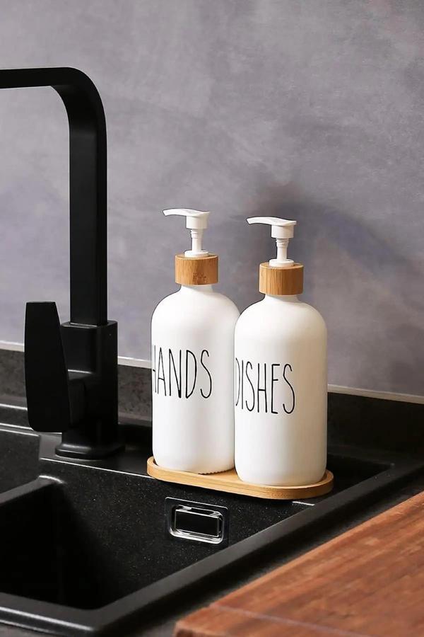 Beyaz Cam İkili Sıvı Sabunluk Seti 500 ml Bambu Altlıklı - Image 1