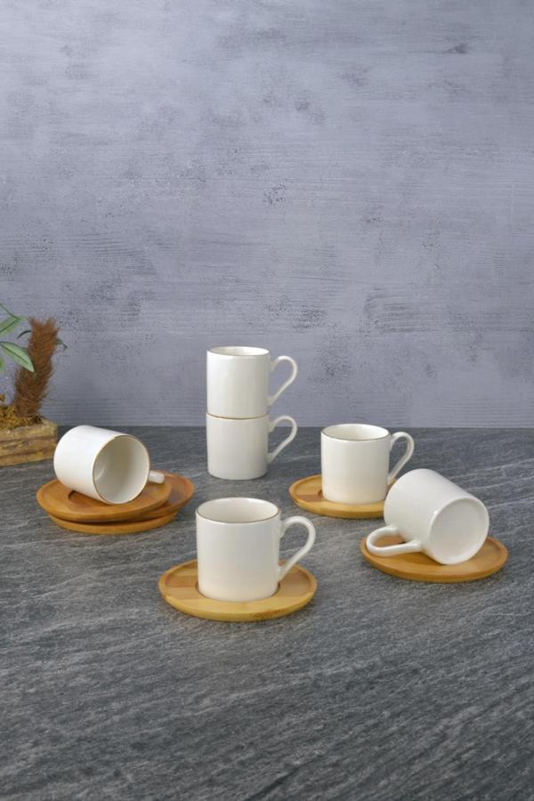 6 Lı Bambu Tabaklı Porselen Kahve Fincanı Seti - Image 1