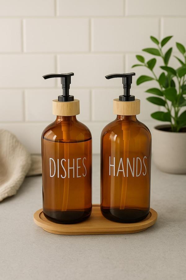 Amber Cam İkili Sıvı Sabunluk Seti 500 ml Bambu Altlıklı - Image 1