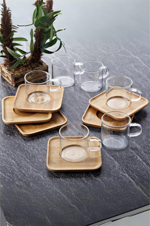6 Lı Cam Çay Fincanı Seti Bambu Tabanlı 200 ml - Image 1