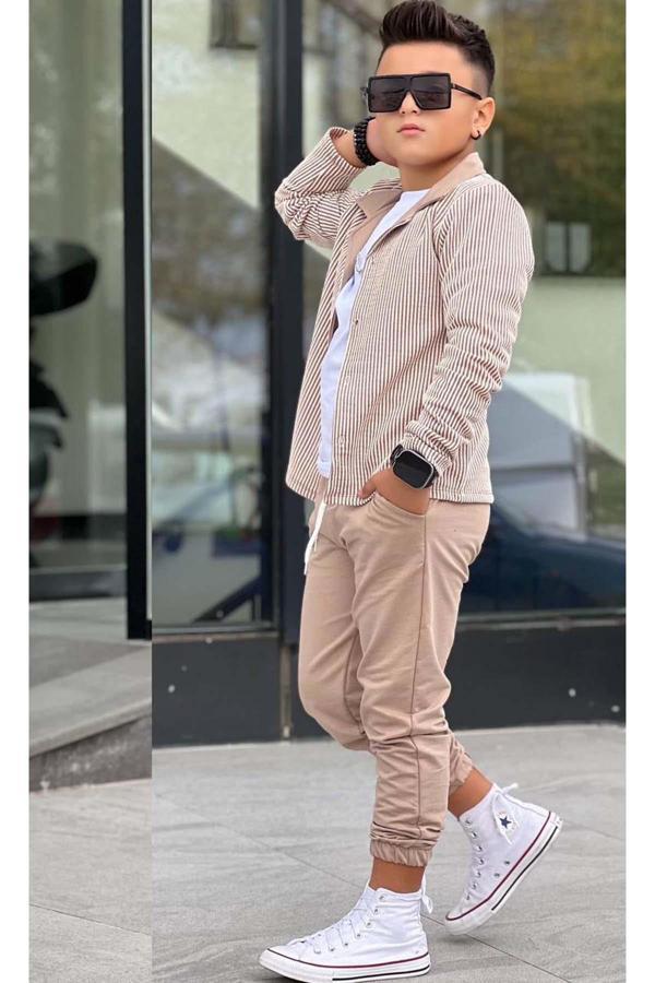 Erkek Çocuk Su Yolu Çizgili Ceket Penye Kazak 2 İplik Pantolon Krem Alt Üst Takım - Image 1