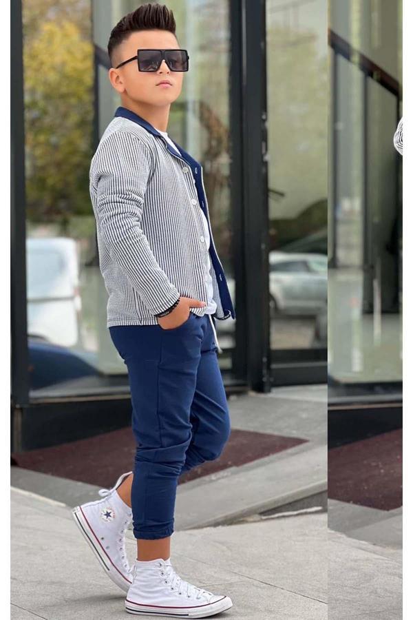 Erkek Çocuk Su Yolu Çizgili Ceket Penye Kazak 2 İplik Pantolon Lacivert Alt Üst Takım - Image 1
