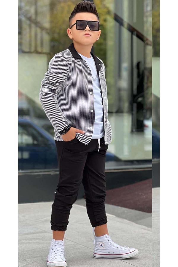 Erkek Çocuk Su Yolu Çizgili Ceket Penye Kazak 2 İplik Pantolon Siyah Alt Üst Takım - Image 1