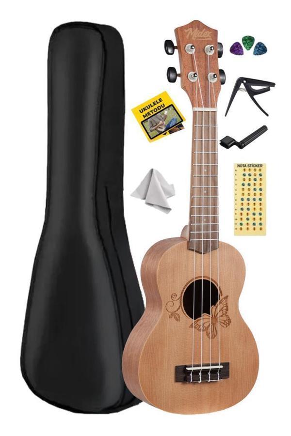 Midex SPA-261 Ladin Ağacı Kelebek Desenli Kaliteli Soprano Ukulele Seti - Image 1
