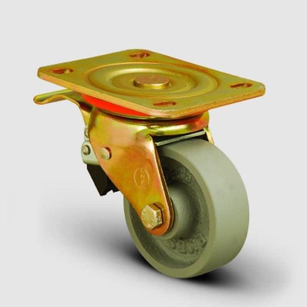 ED01VKV100F Döner Tablalı Frenli Döküm Tekerlek Çap:100 Ağır Sanayi Tekerleği 350 Kg Sarı Maşa Oynak Tabla Bağlantılı Burçlu - Image 1
