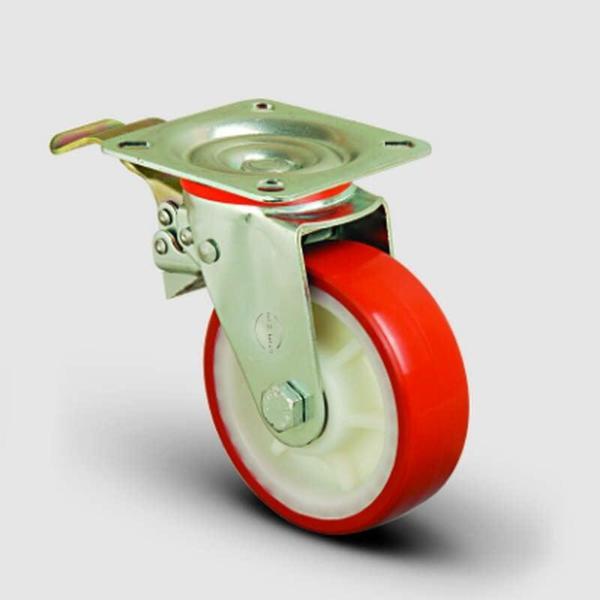 EK01ZKP125F Yanmaz Tip Döner Tablalı Frenli Poliüretan Kaplı Tekerlek Çap:125 180 Kg taşır - Image 1