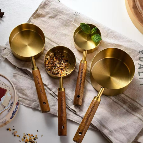 Mucit Home  4 Lü Büyük Boy Gold  Paslanmaz Çelik Ahşap Saplı Ölçü Kaşığı - Image 1