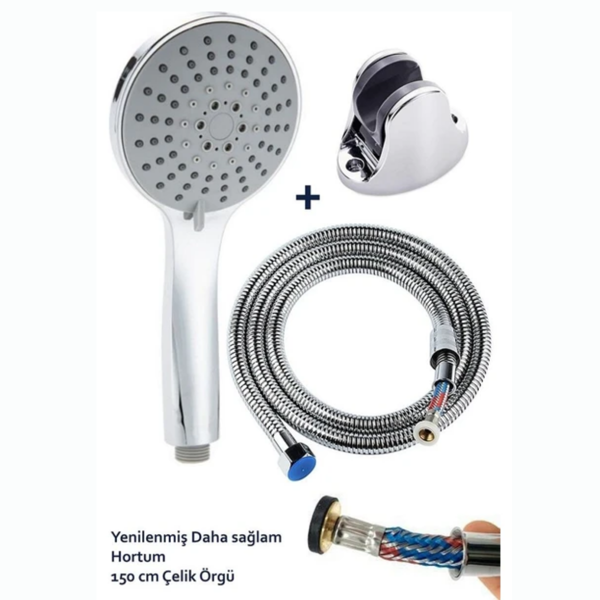 Mucit Home   5 Fonksiyonlu  Krom Duş Başlığı 150CM Örgülü Hortumlu Mafsallı Duş Seti - Image 1