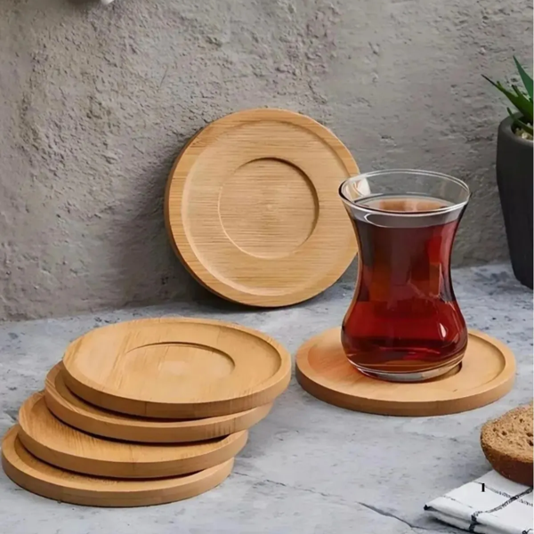 Mucit Home  6'lı Bambu Çay Tabağı Seti, Yuvarlak Bambu Çay Bardağı Altlığı - Image 1