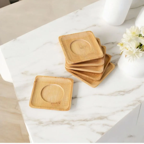 Mucit Home   6'lı Bambu Çay Tabağı Seti,Kare Bambu Çay Bardağı Altlığı - Image 1