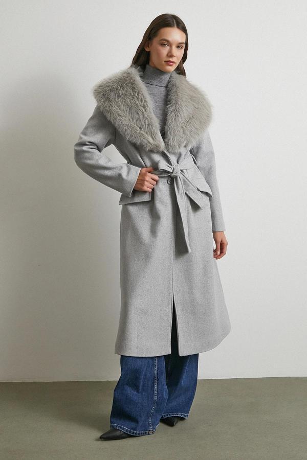 Kürk Yaka Kuşaklı Kaşe Kaban Gri - Image 1