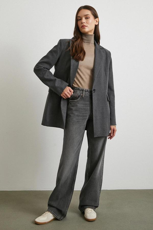 Beş Cepli Yüksek Bel Jean Gri - Image 1